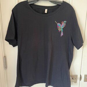 Black embroidered and embellished tee with a humming bird
